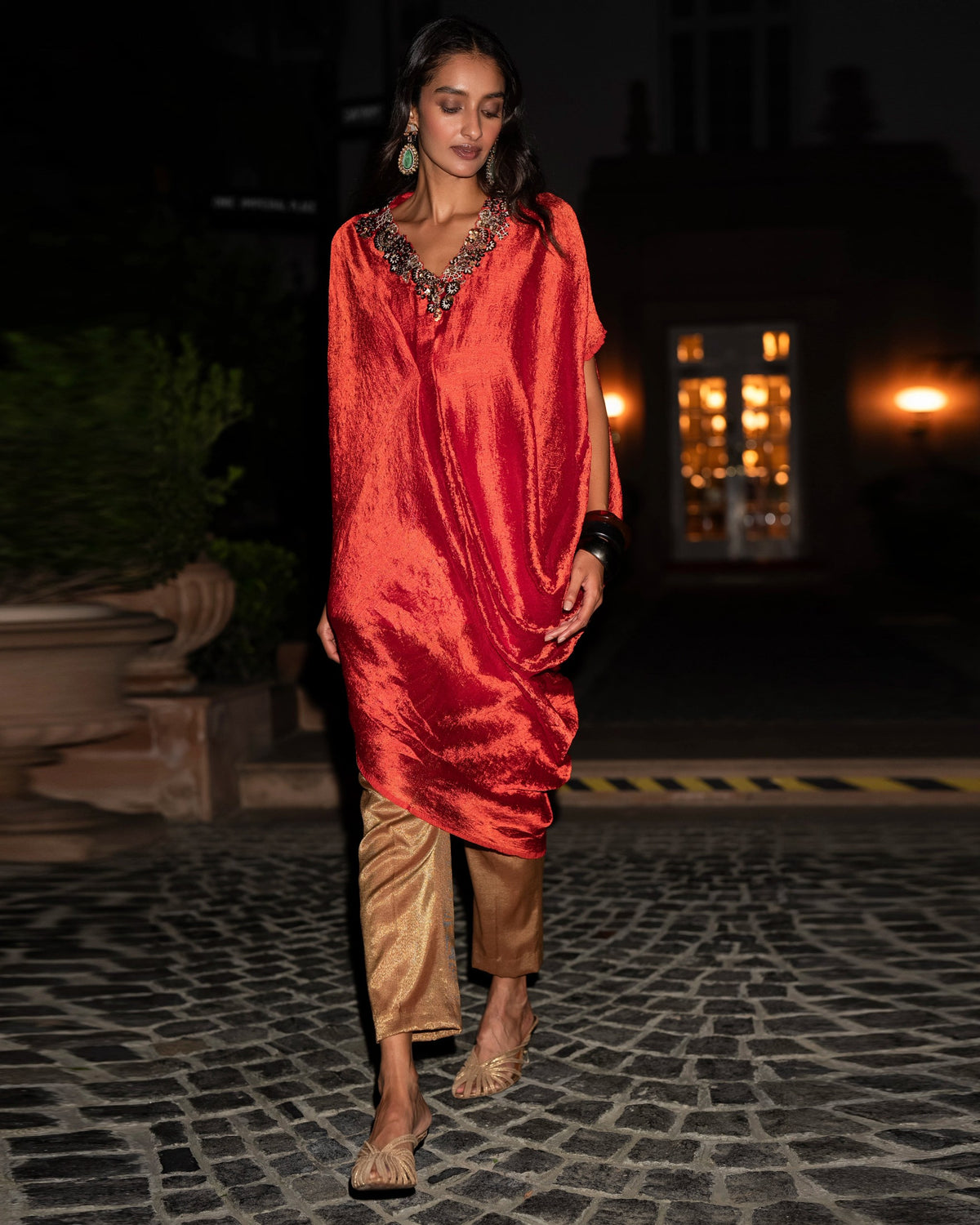 Rust Embroidered Kaftan Pant Set