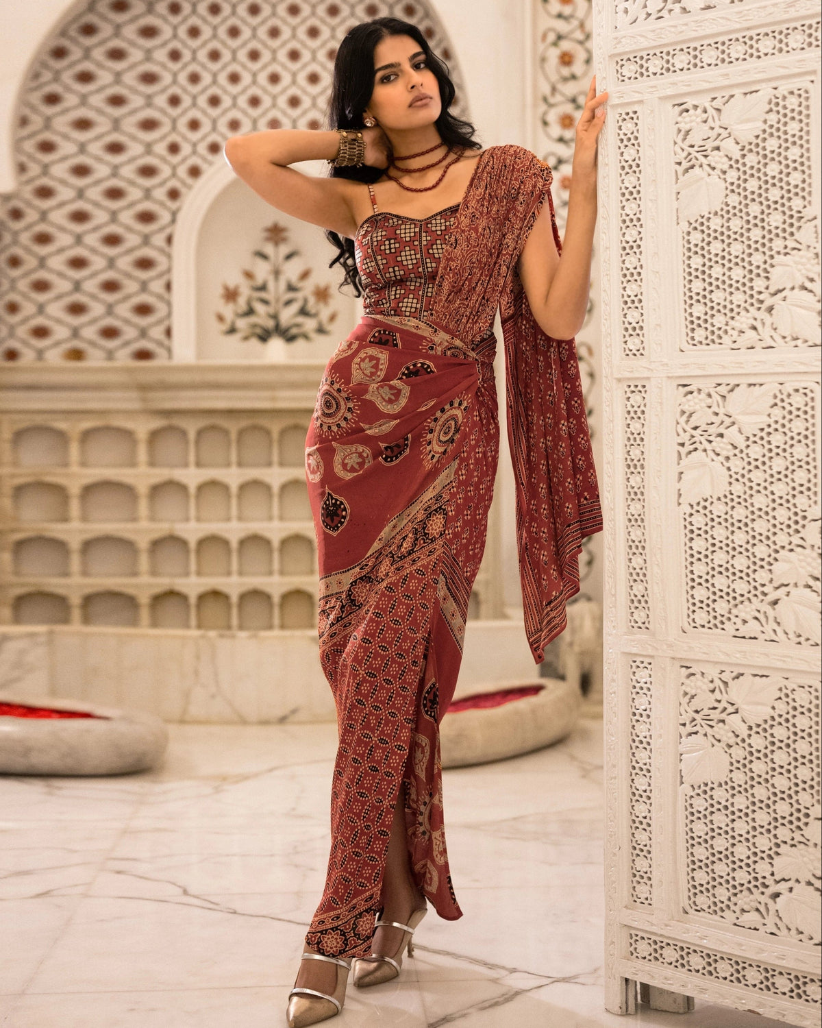 Rust Ajrakh Sari Skirt Set