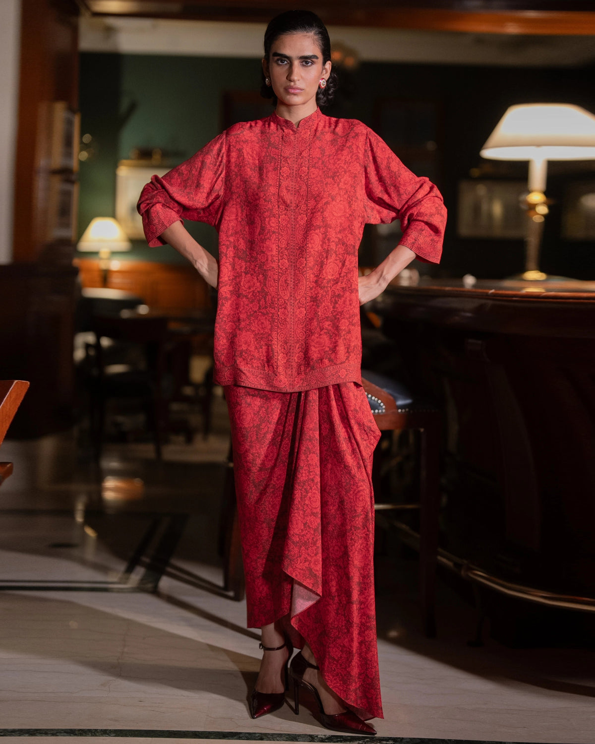 Red Floral Drape Skirt Set