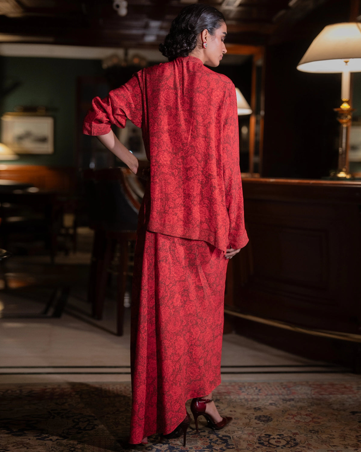 Red Floral Drape Skirt Set