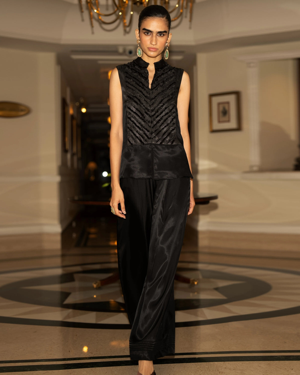 Black Textured Waistcoat Pant Set