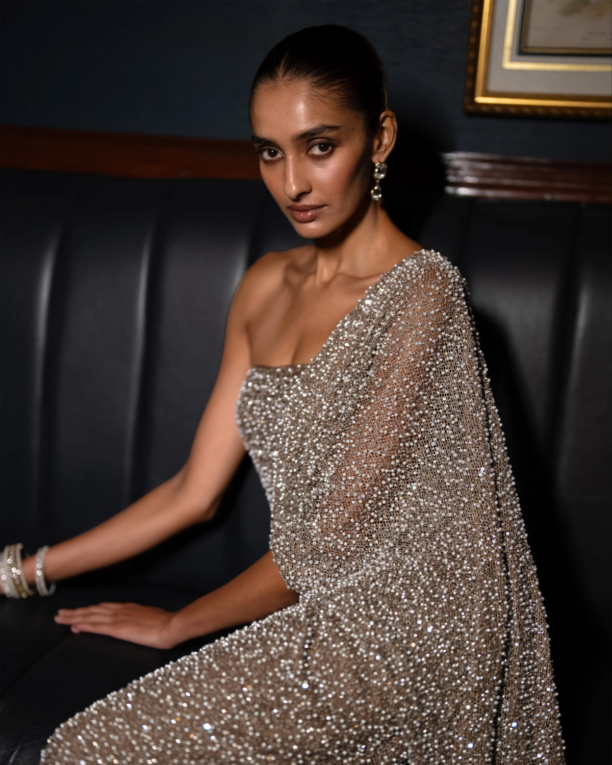 Champagne Pearl Sari Drape Gown