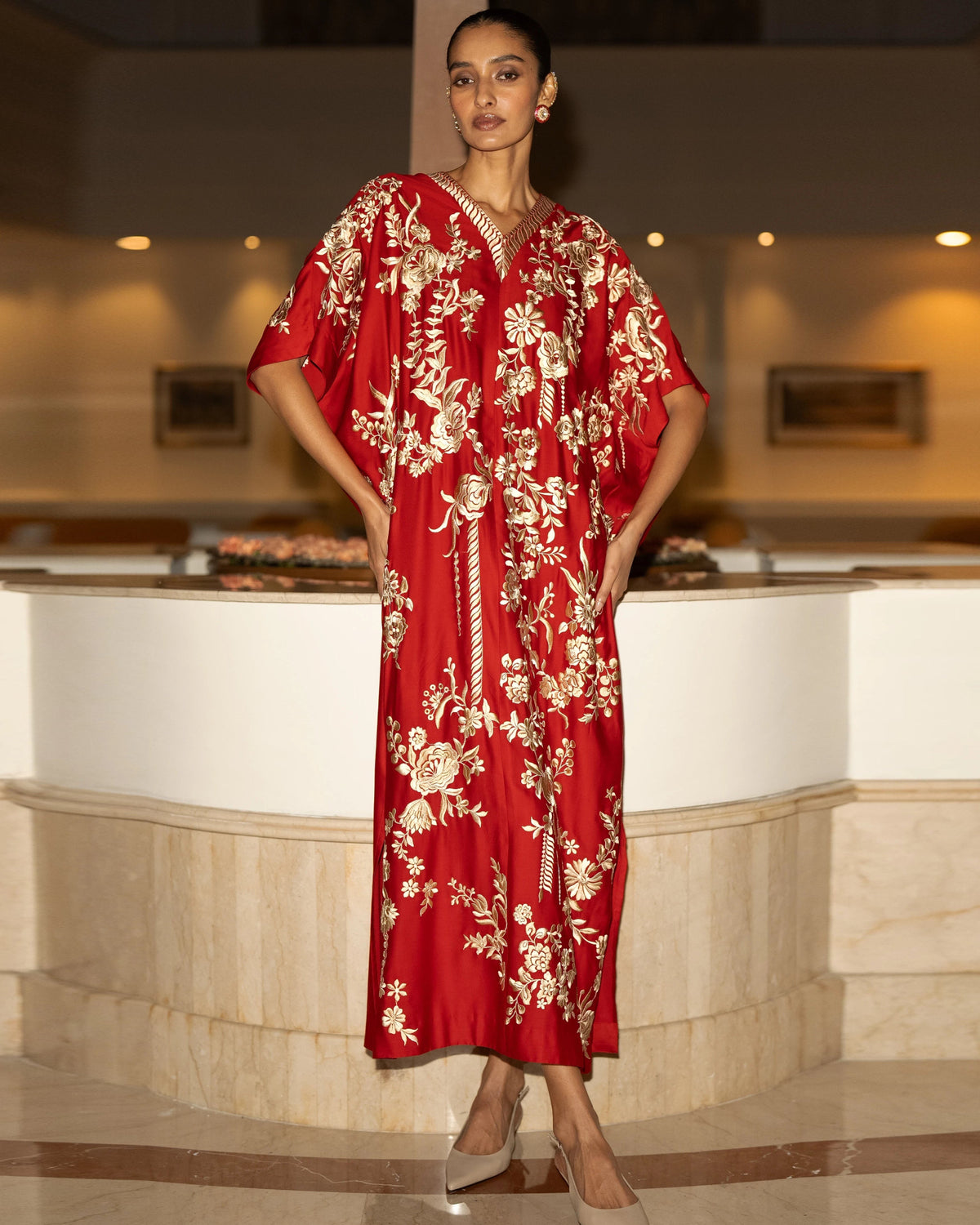 Red Gara Embroidered Kaftan Dress