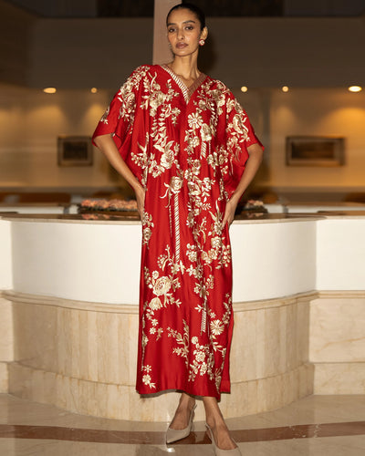 Red Gara Embroidered Kaftan Dress