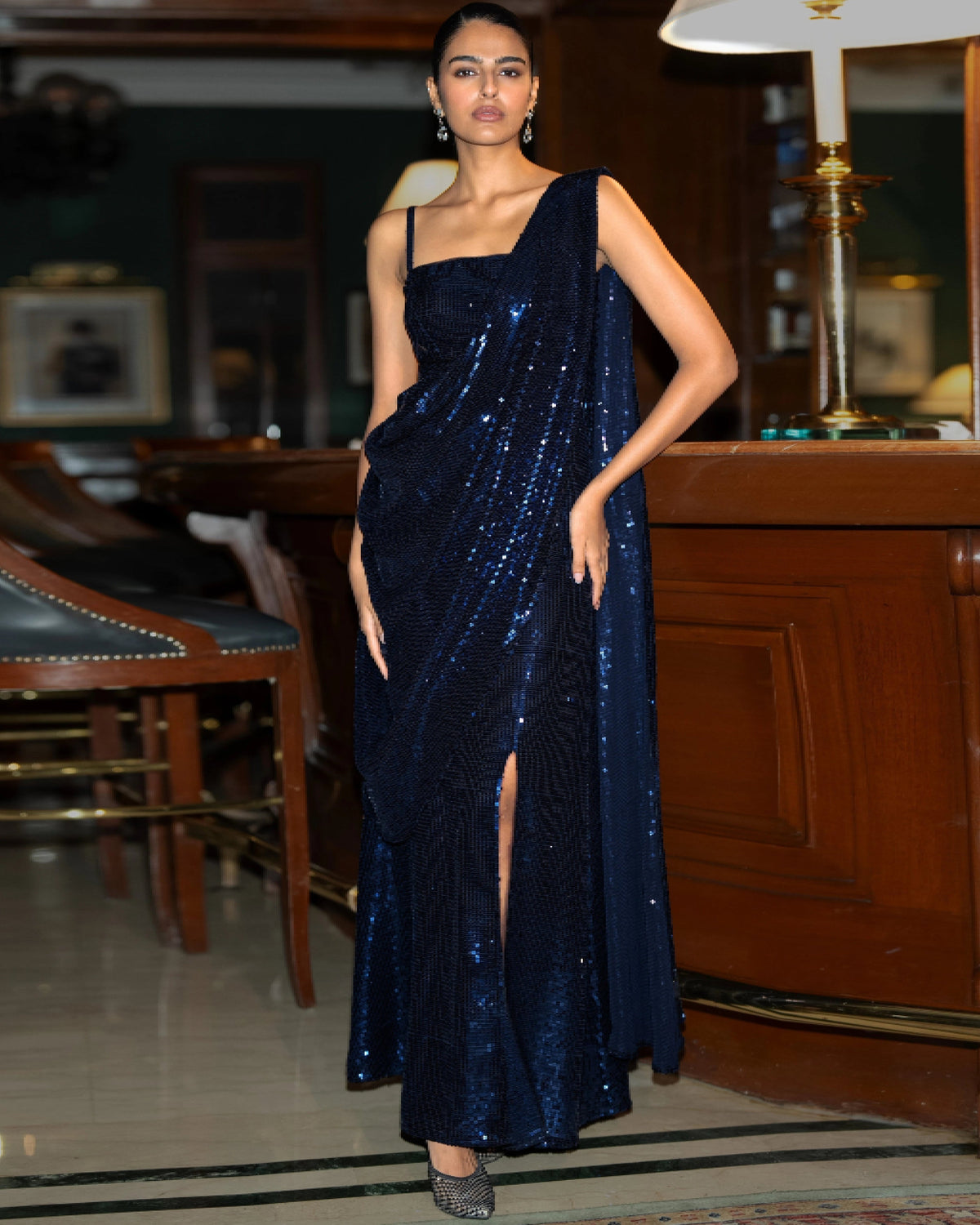 Navy Sequin Sari Drape Gown