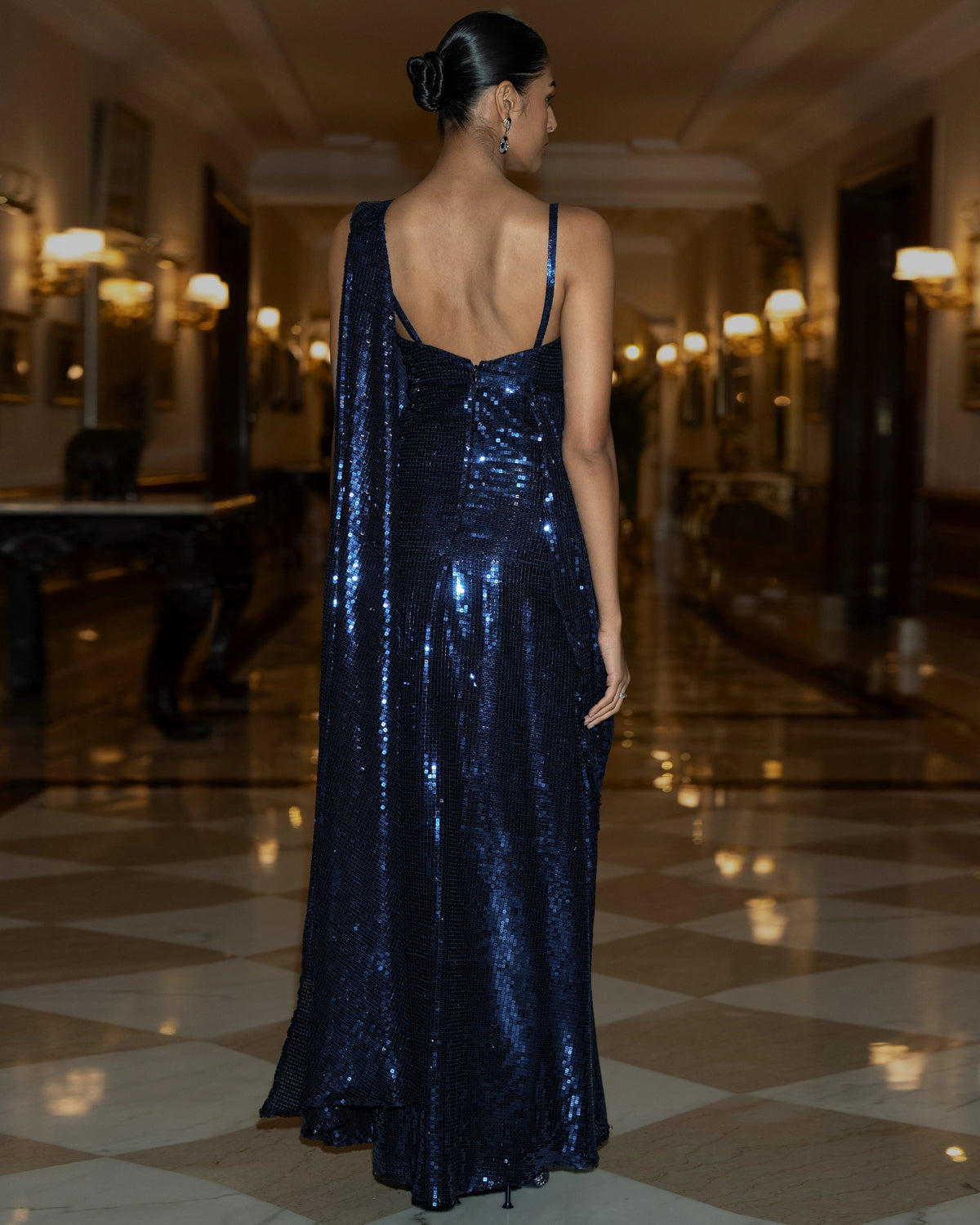 Navy Sequin Sari Drape Gown