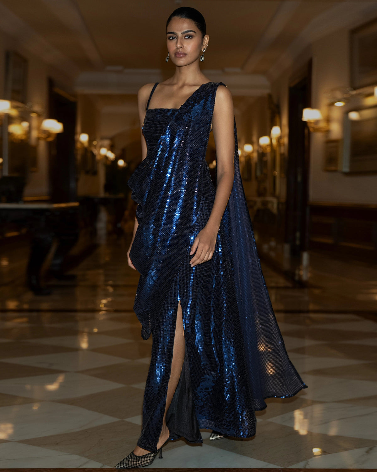 Navy Sequin Sari Drape Gown