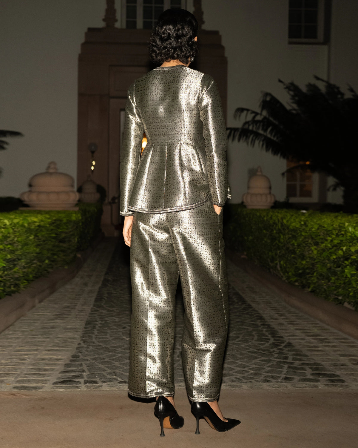 Silver Brocade Peplum Pant Set