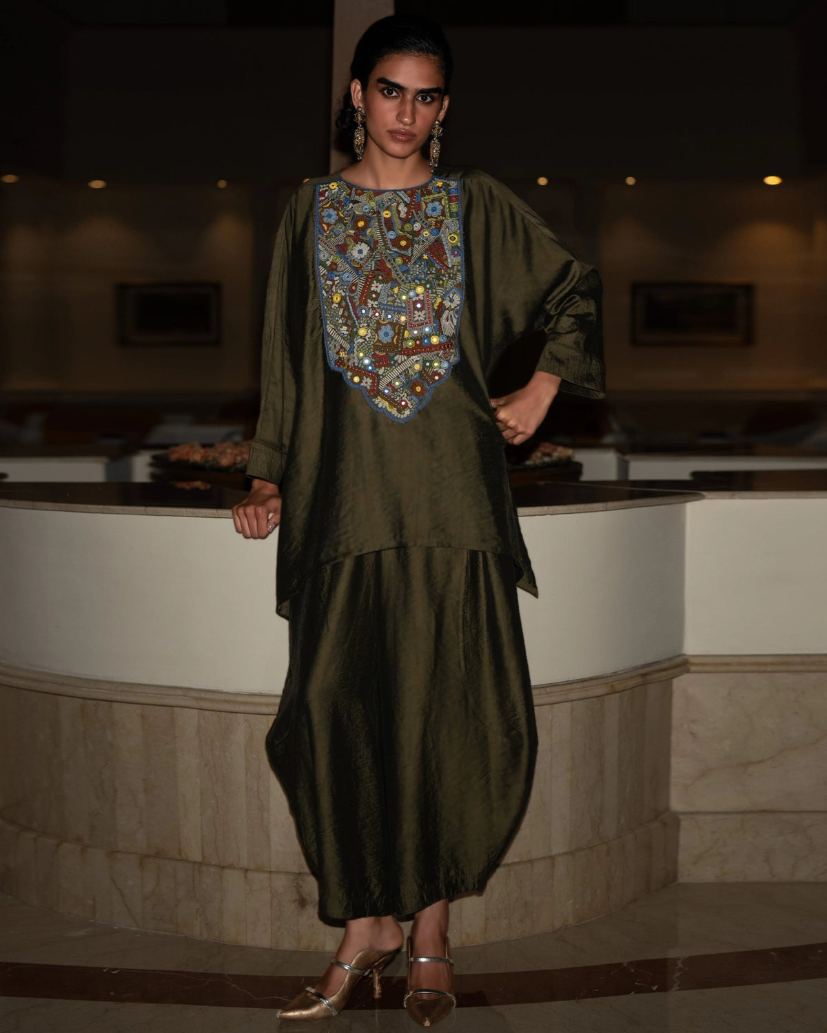 Olive Embroidered Barrel Pant Set