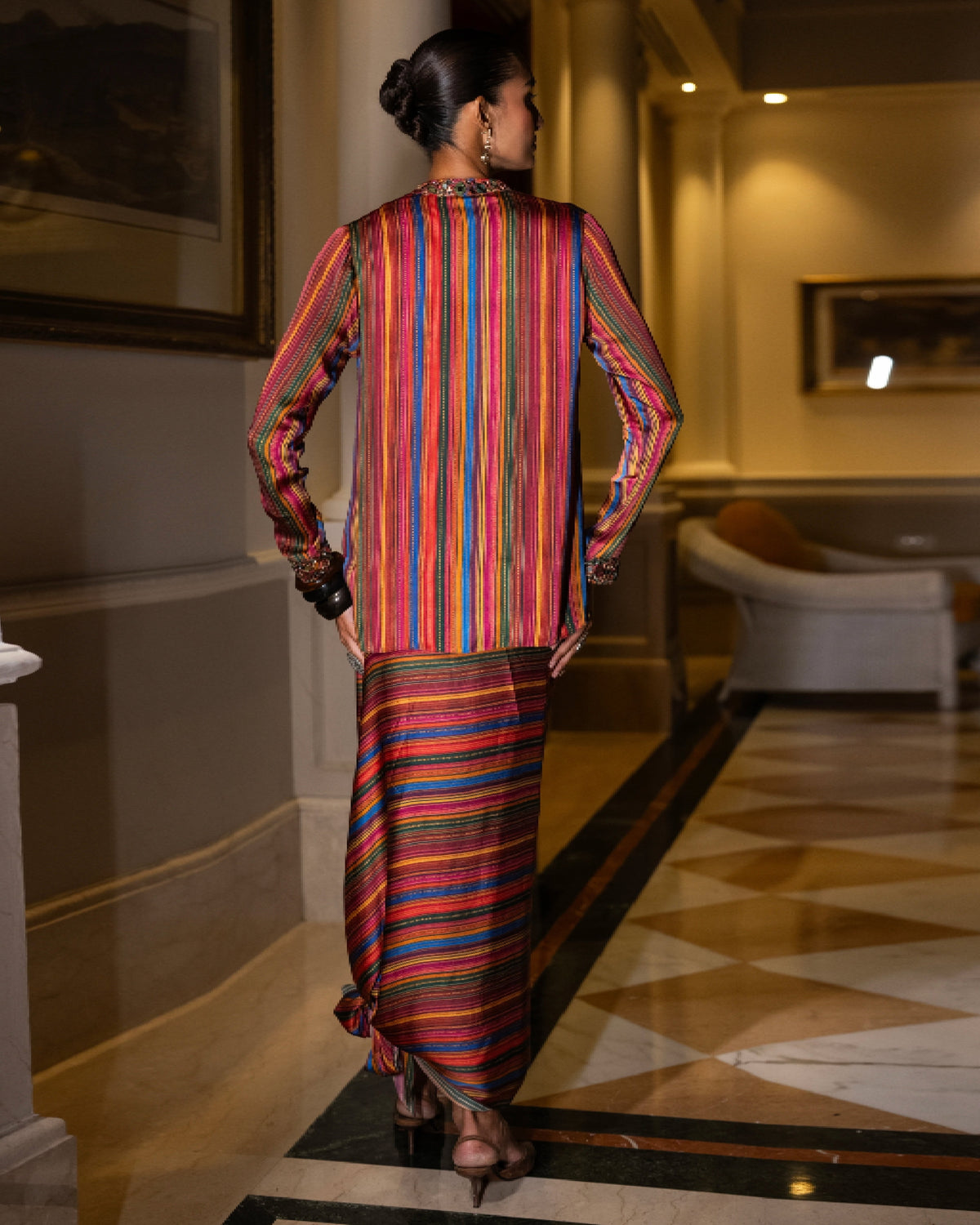 Multicolour Mirrorwork Drape Skirt Set
