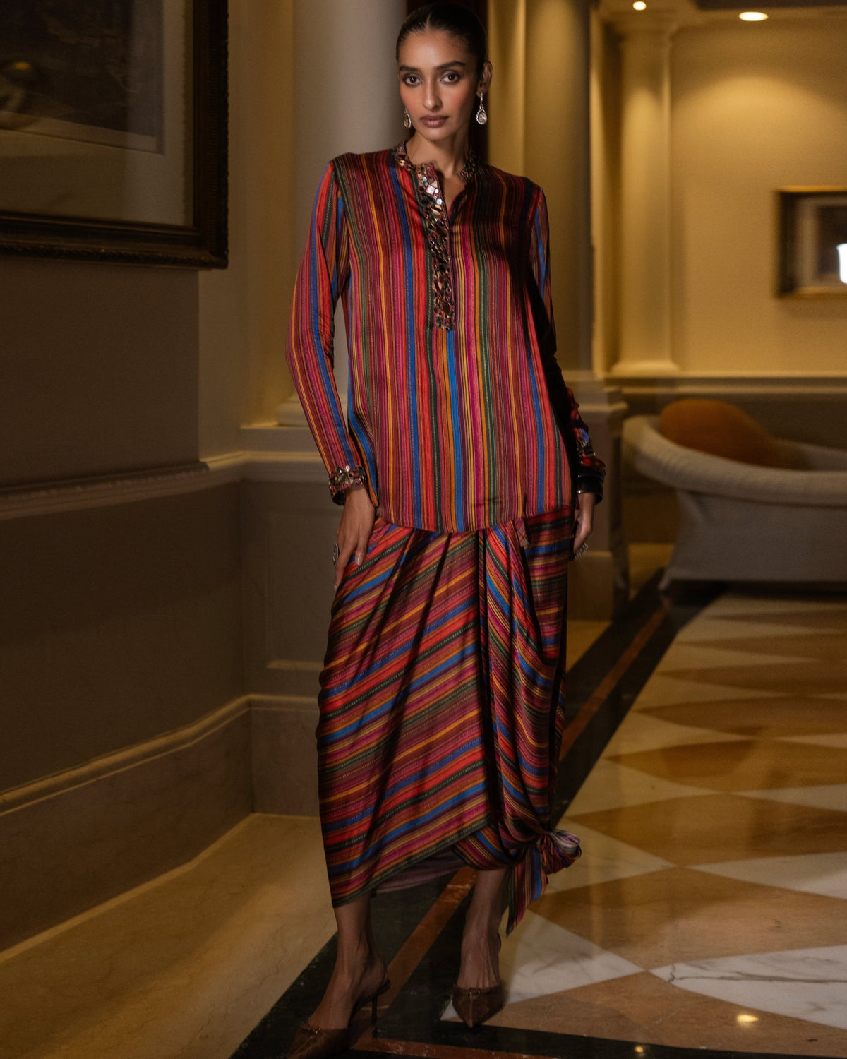 Multicolour Mirrorwork Drape Skirt Set