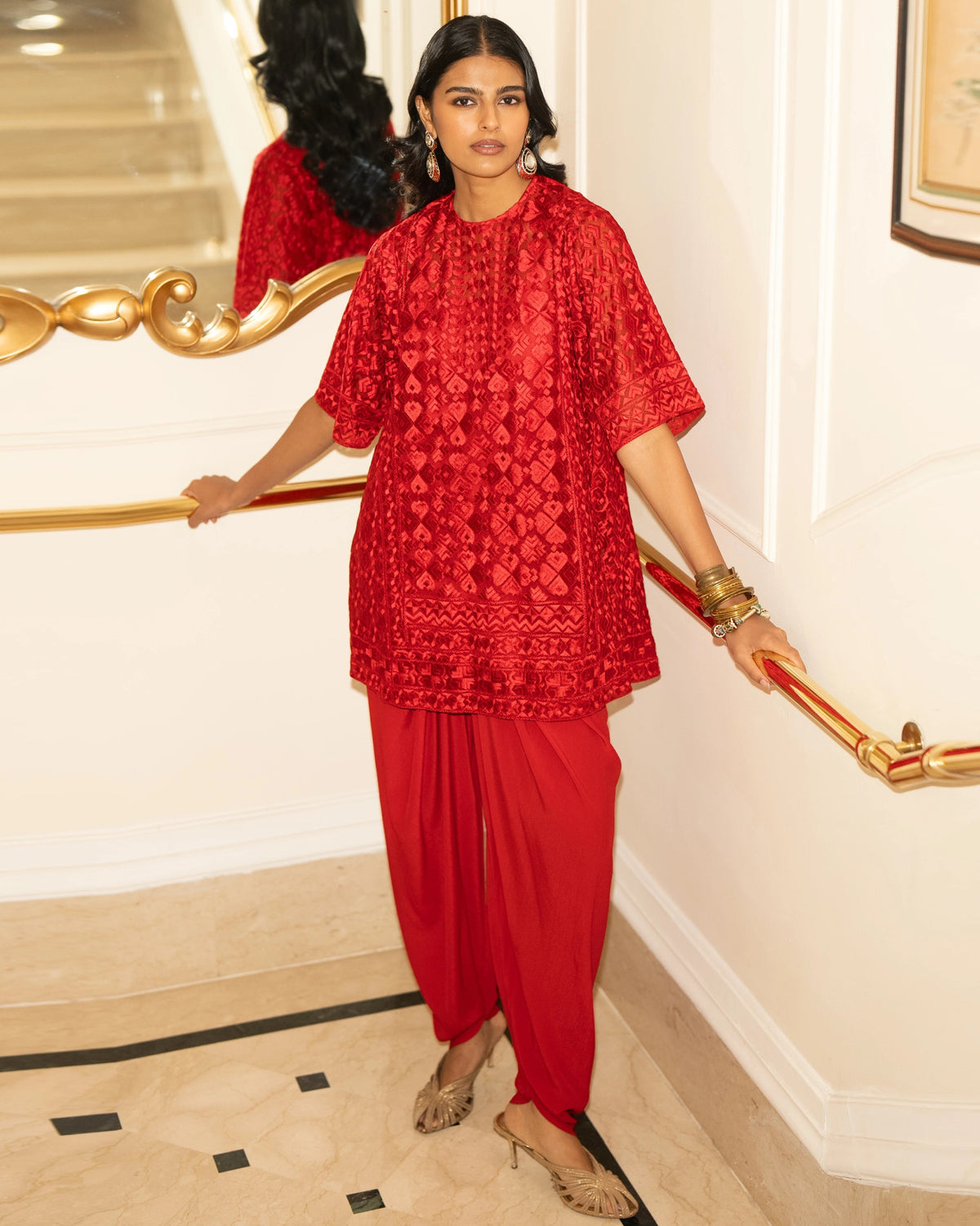 Red Embroidered Tulip Pant Set