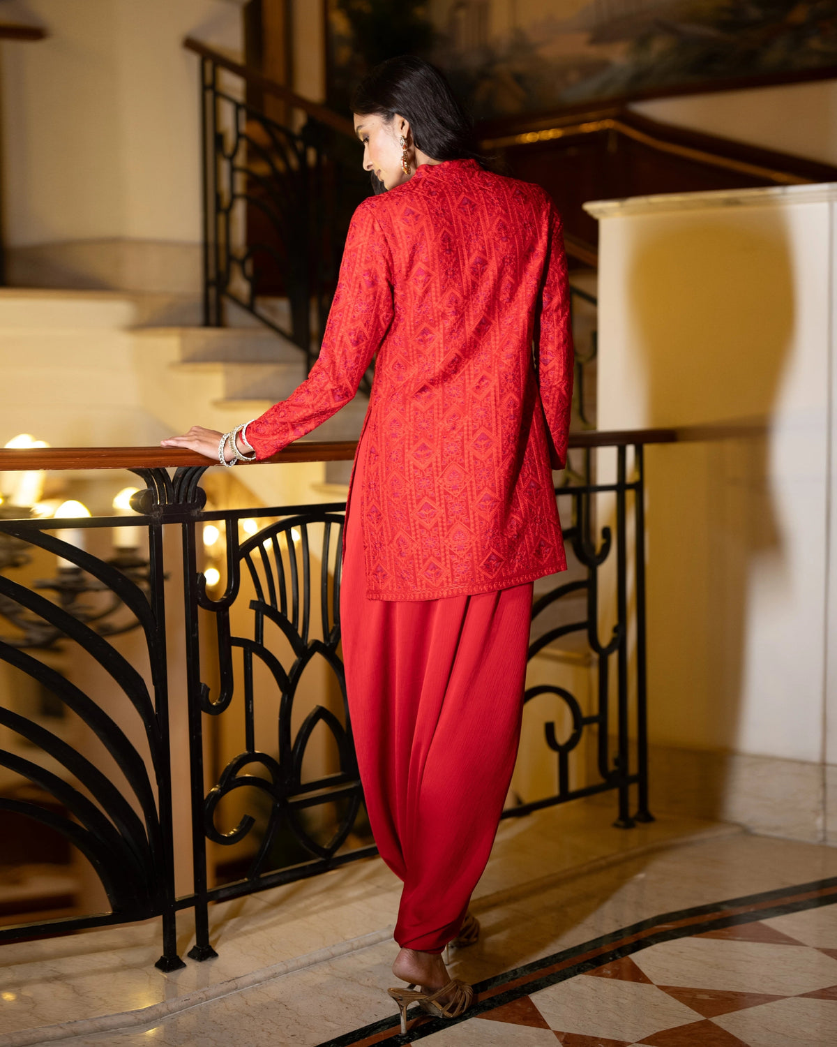 Red Embroidered Dhoti Pant Set