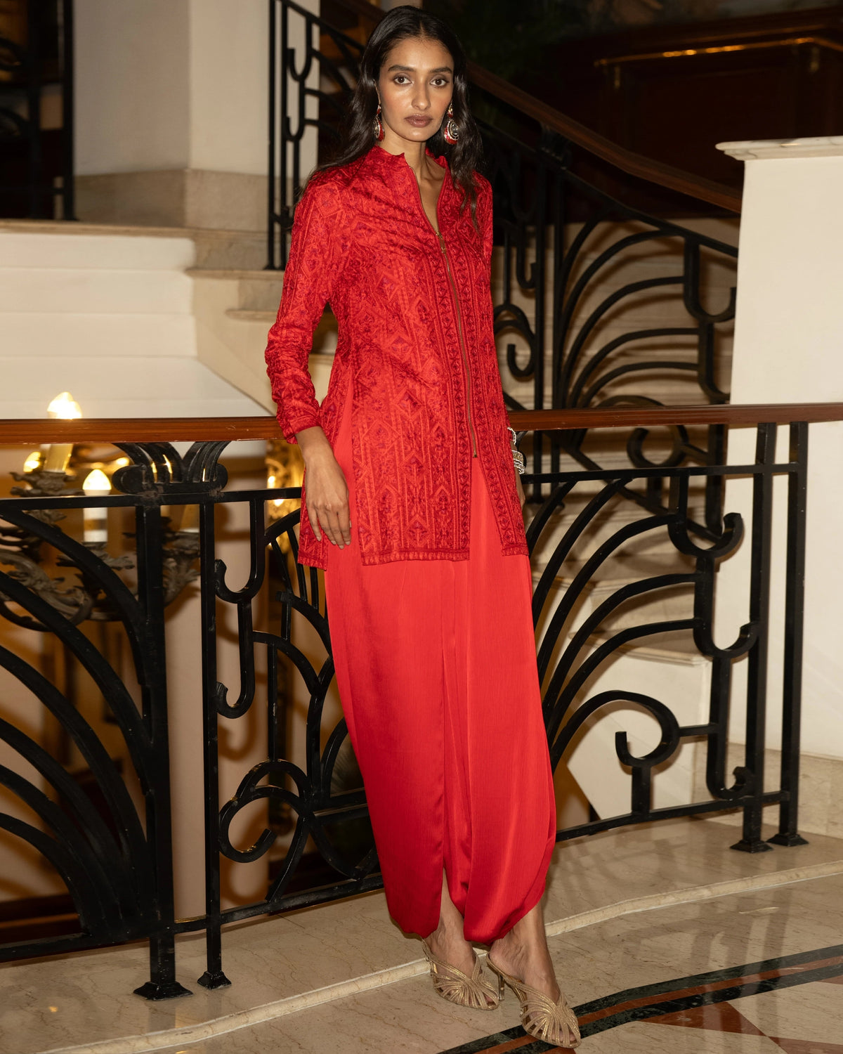 Red Embroidered Dhoti Pant Set