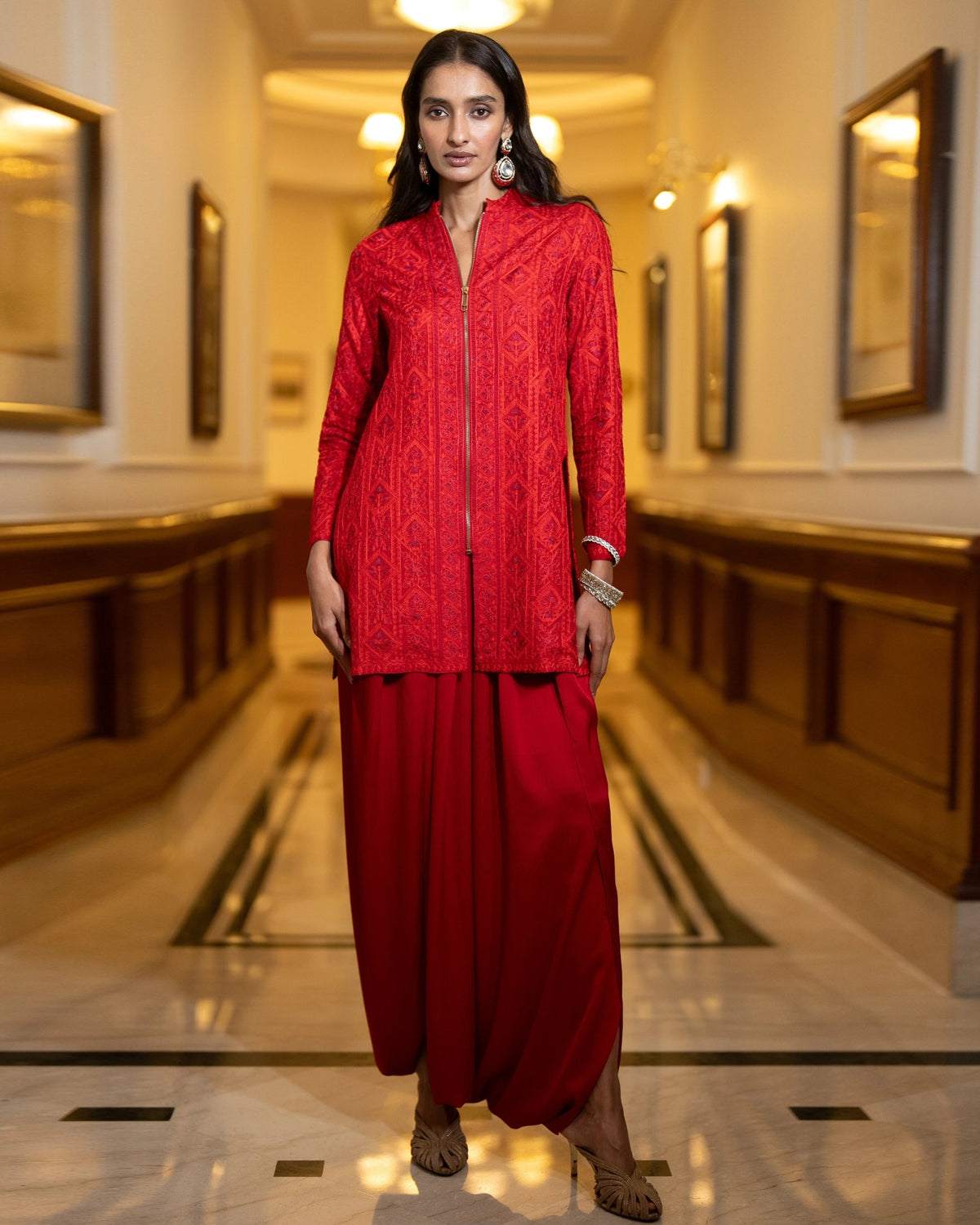 Red Embroidered Dhoti Pant Set