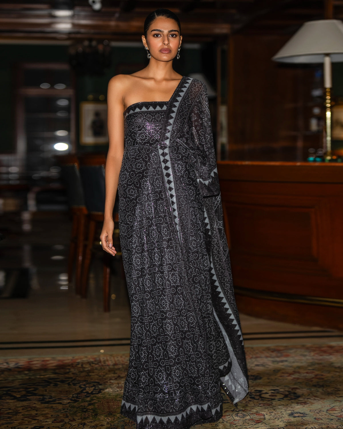 Monochrome Sequin Sari Drape Gown