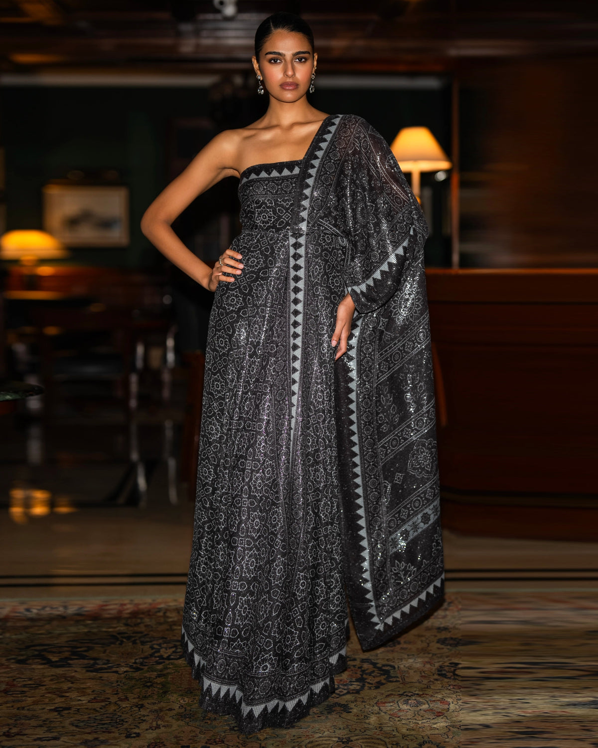 Monochrome Sequin Sari Drape Gown