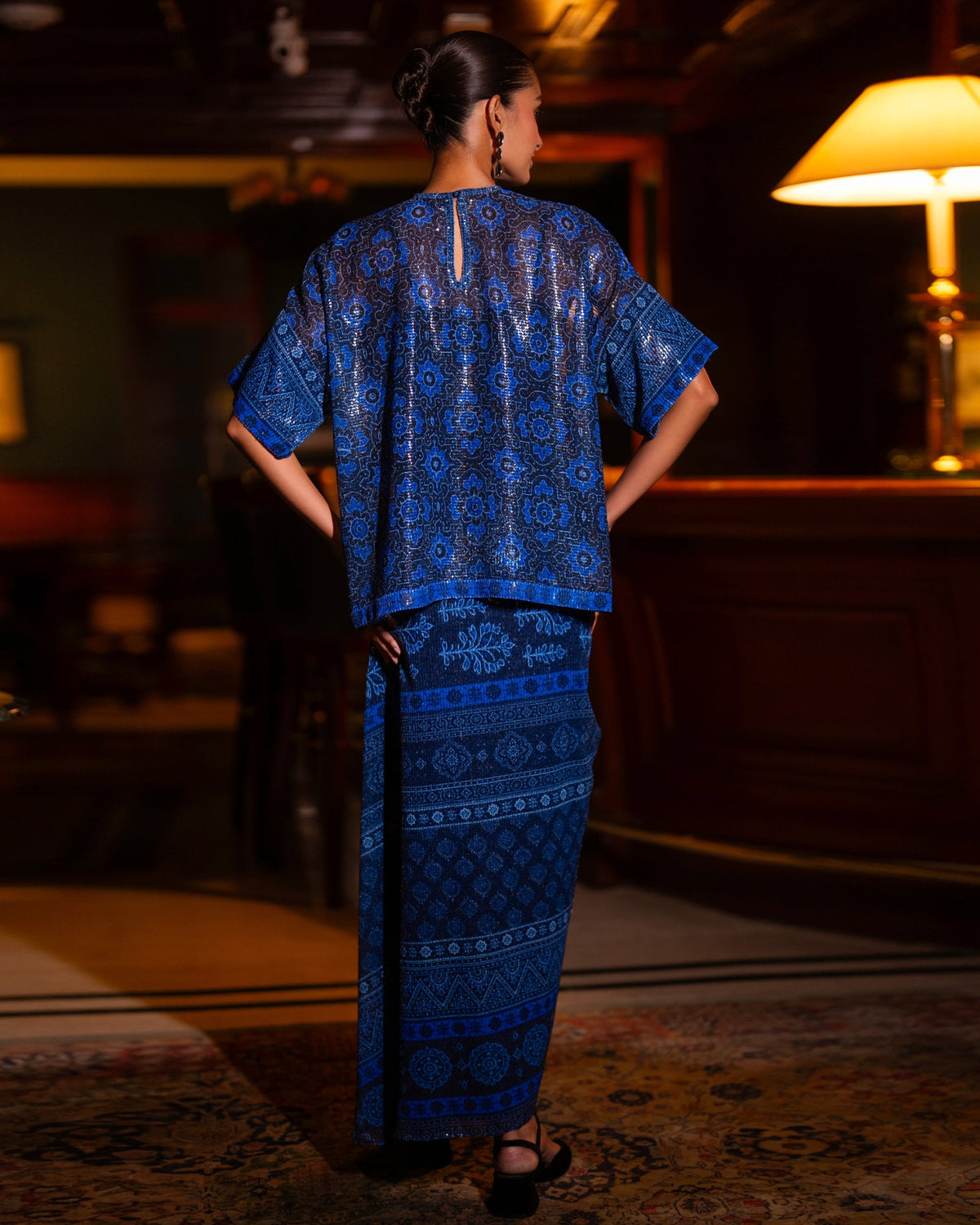 Blue Sequin Drape Skirt Set