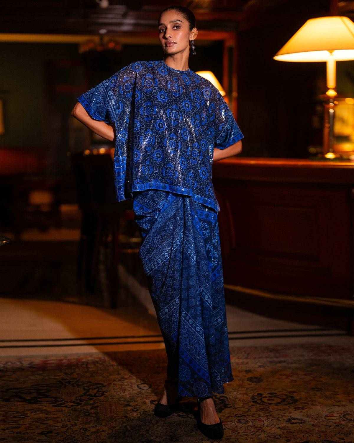 Blue Sequin Drape Skirt Set