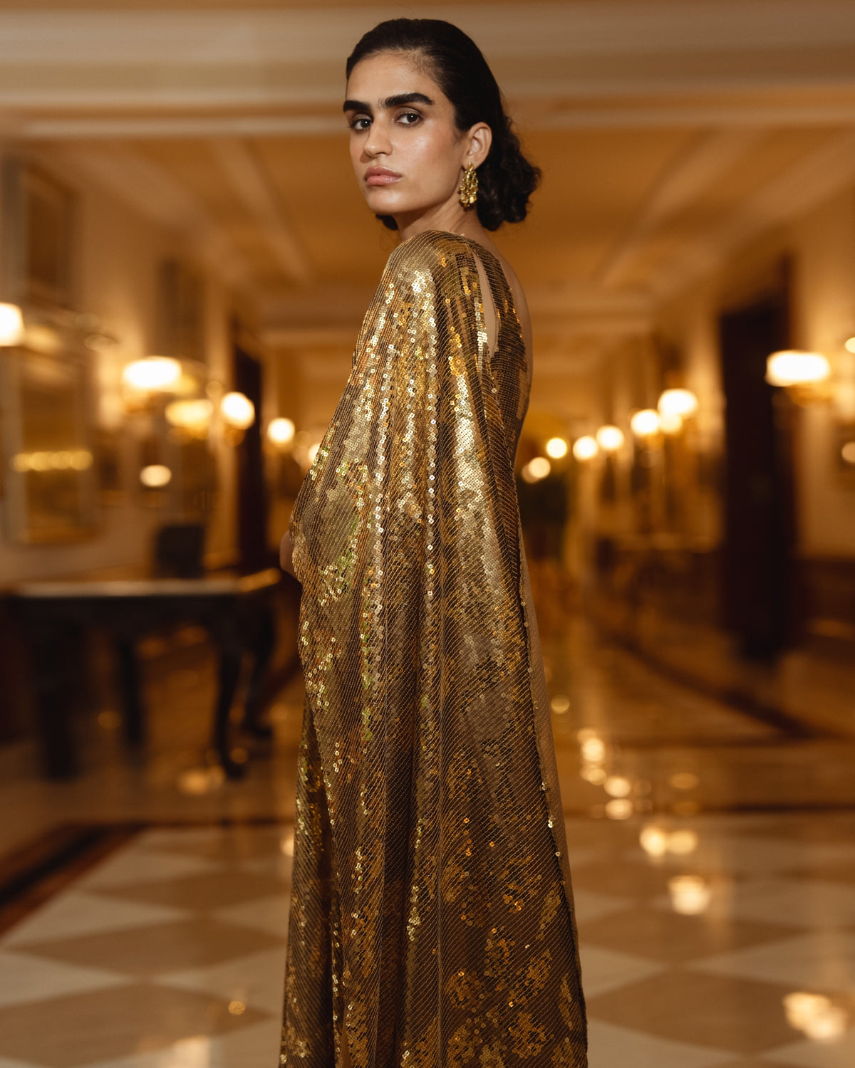 Gold Sequin Sari Drape Gown