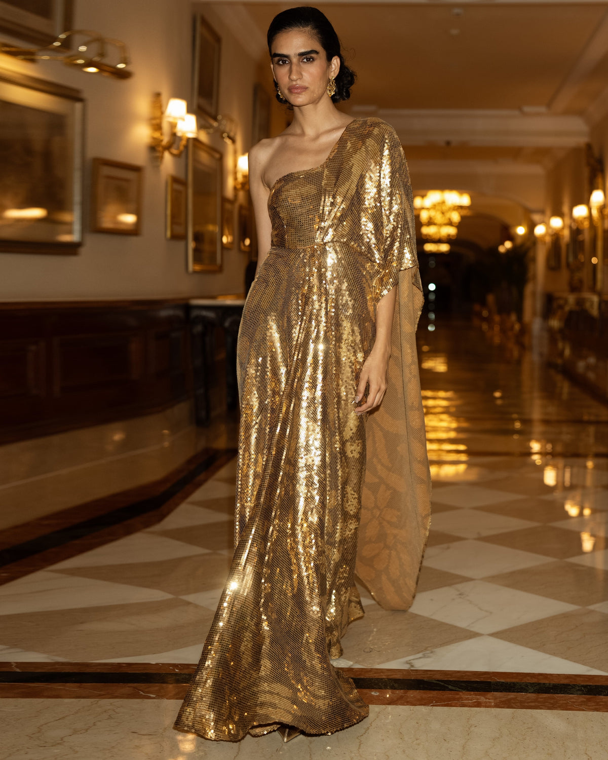 Gold Sequin Sari Drape Gown