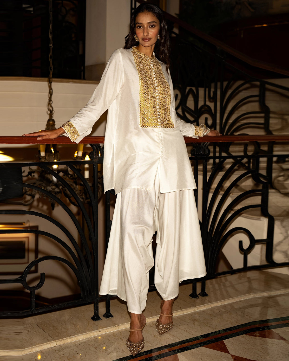 Ivory Embroidered Culotte Pant Set