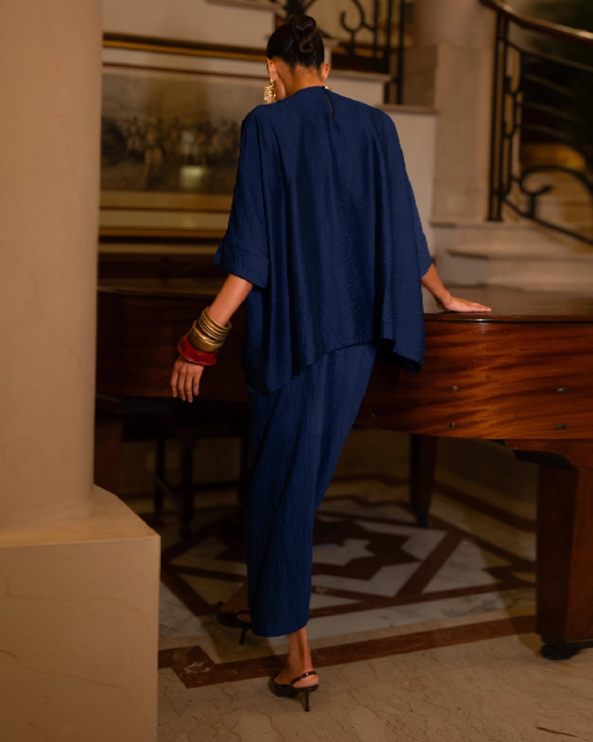 Cobalt Embroidered Drape Skirt Set