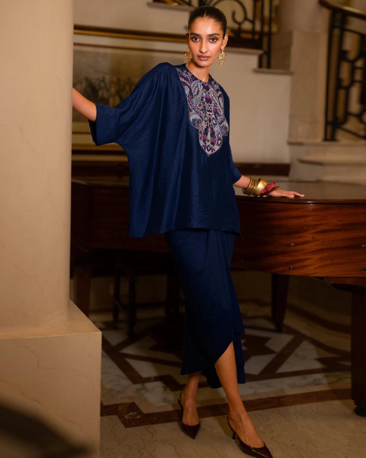 Cobalt Embroidered Drape Skirt Set