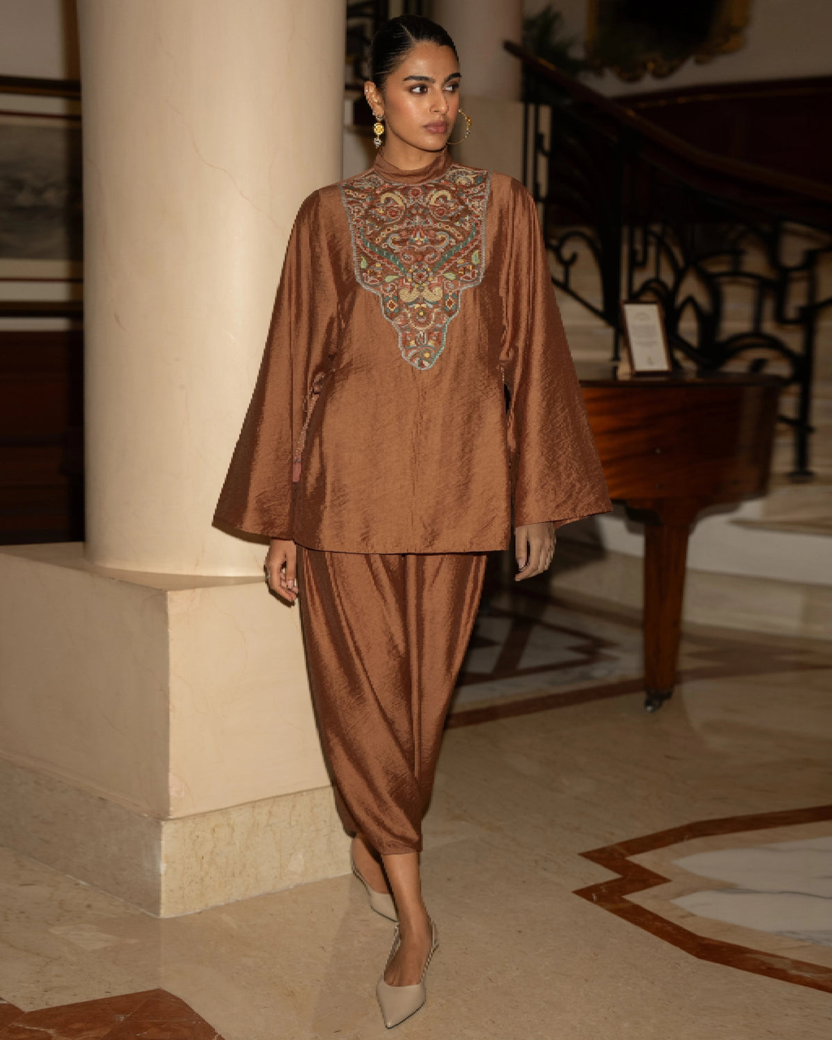 Rust Embroidered Bib Skort Set