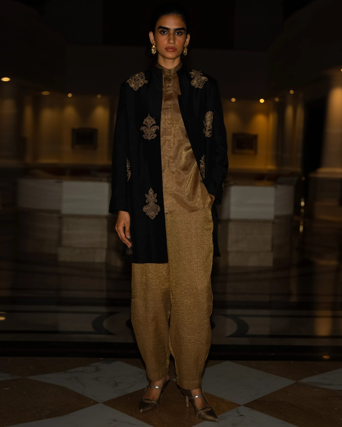 Black Gold Embroidered Jacket Set