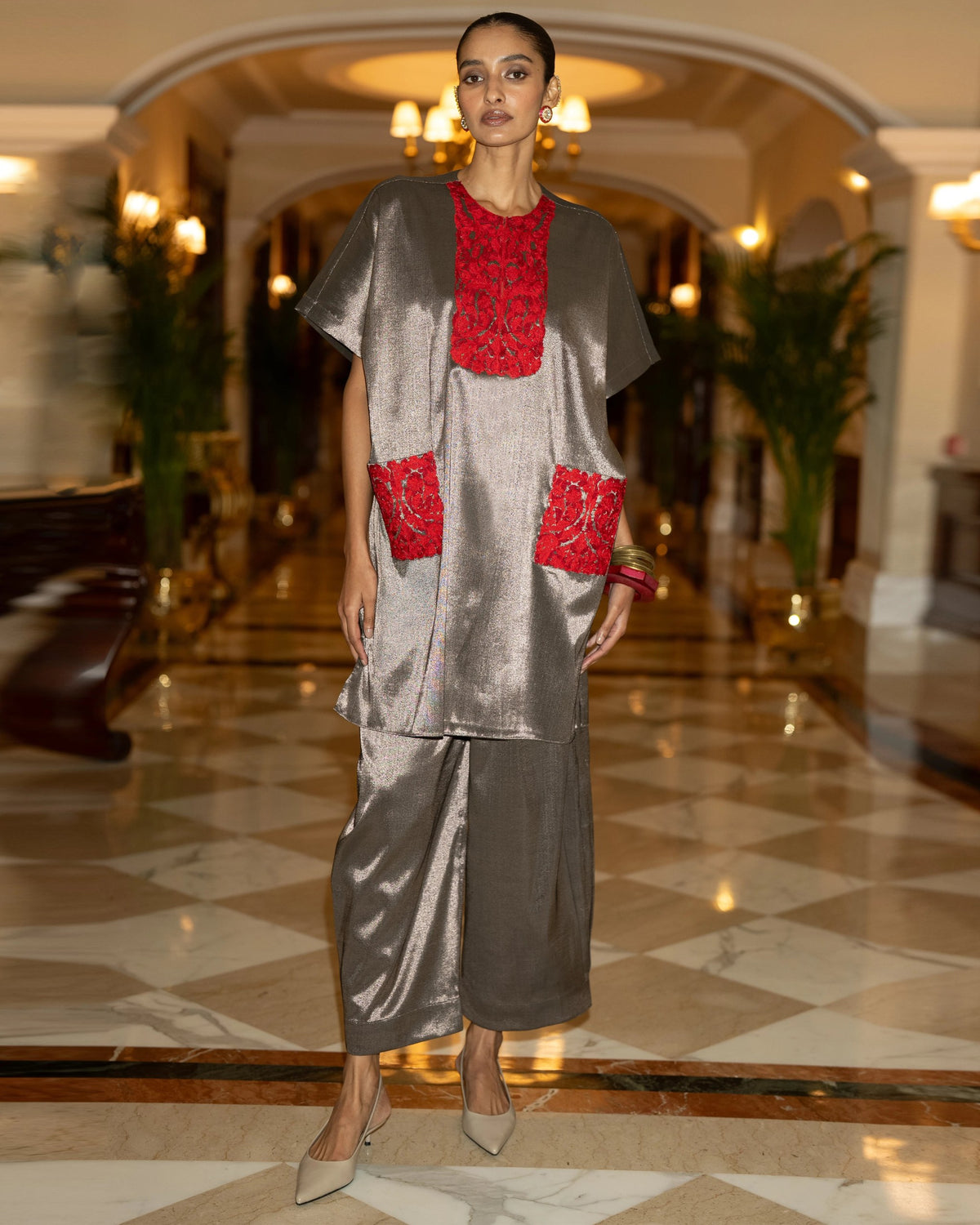 Pewter Embroidered Tissue Pant Set