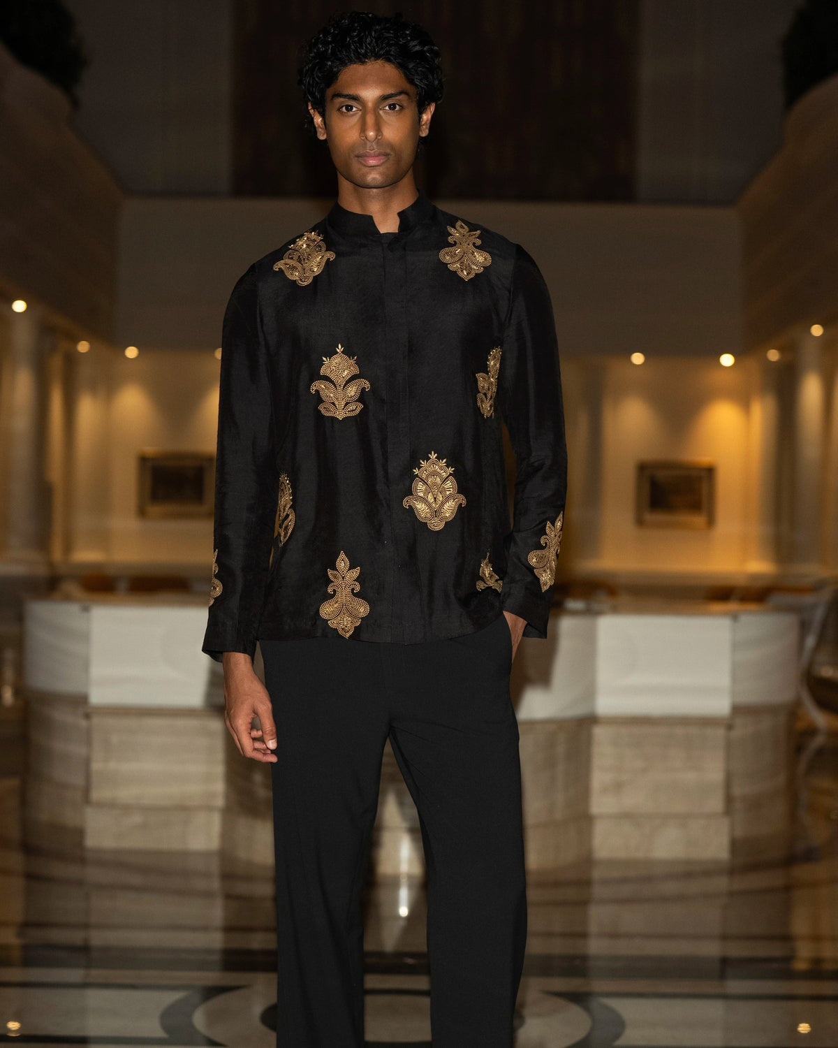 Black Temple Embroidered Kurta Set