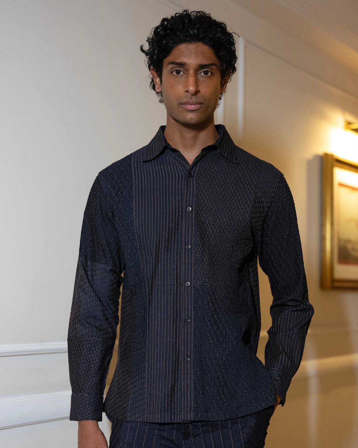 Navy Textured Pintuck Shirt & Pants