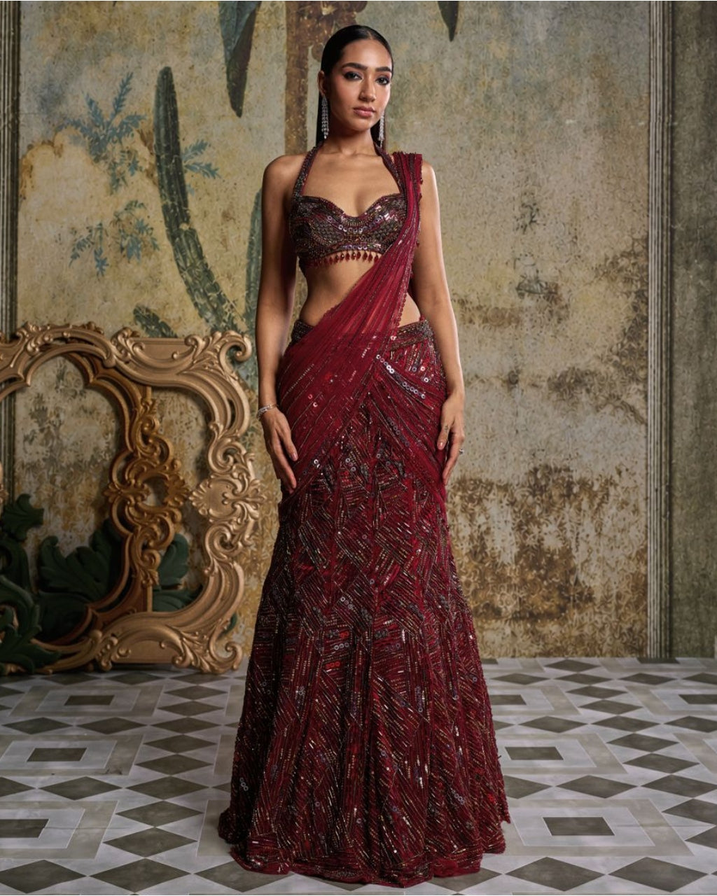 Maroon Abstract Embellished Sari Set