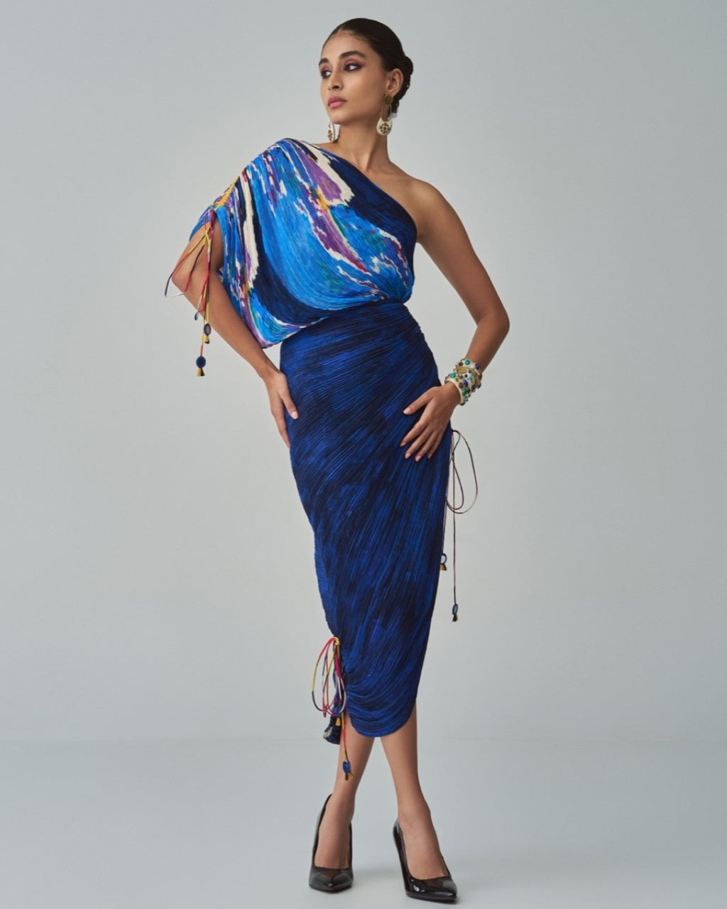 Blue Lily & Shaded Print Shoulder Sari Dress