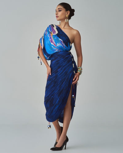 Blue Lily & Shaded Print Shoulder Sari Dress Blue Lily & Shaded Print Shoulder Sari Dress