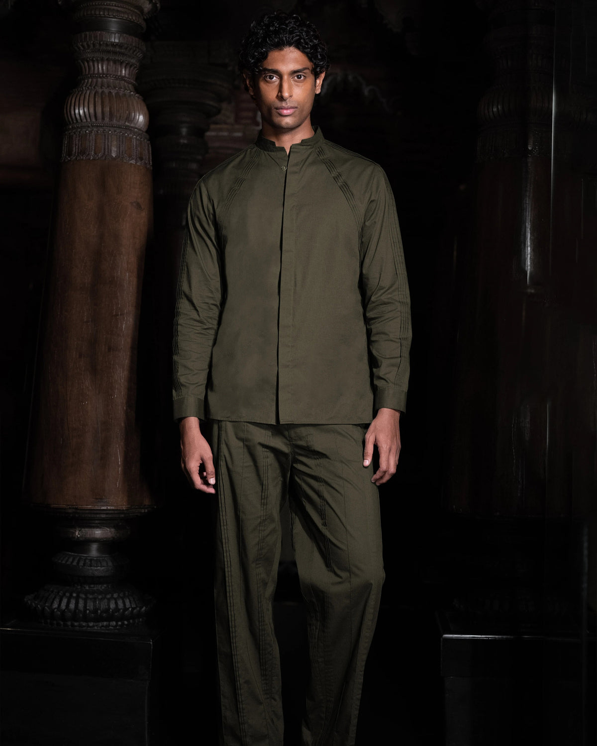Olive Pintuck Shirt Set
