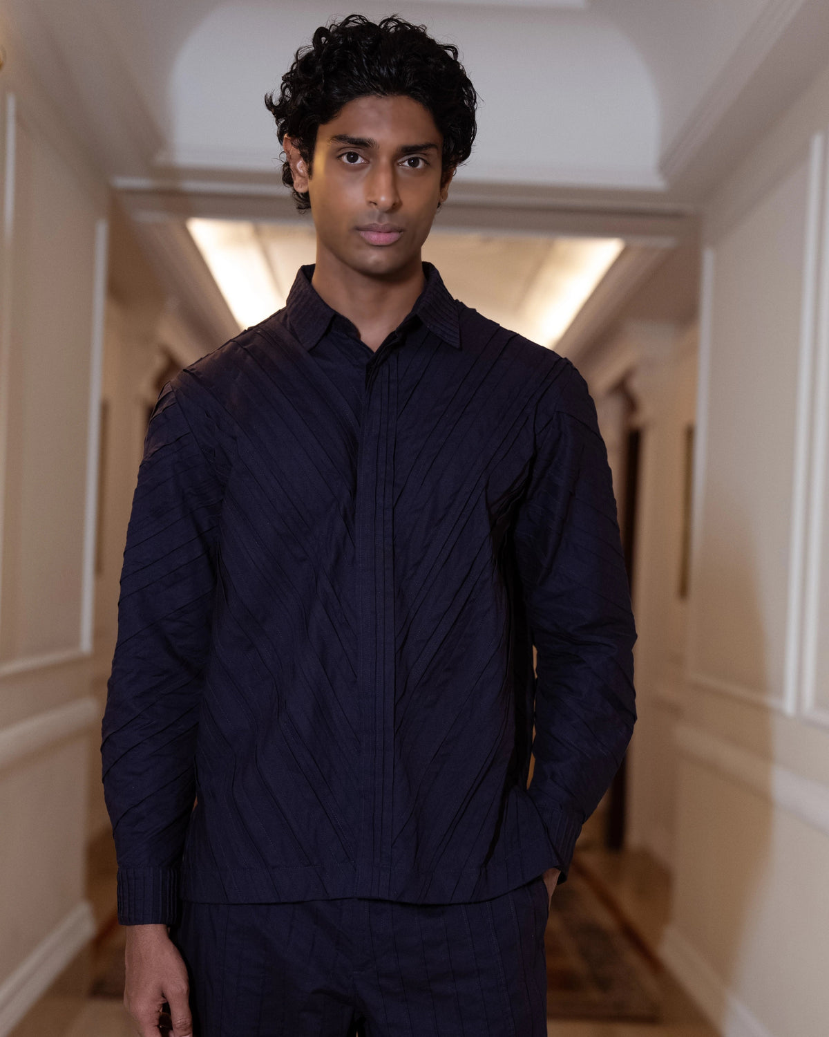 Navy Pintuck Barrel Shirt Set
