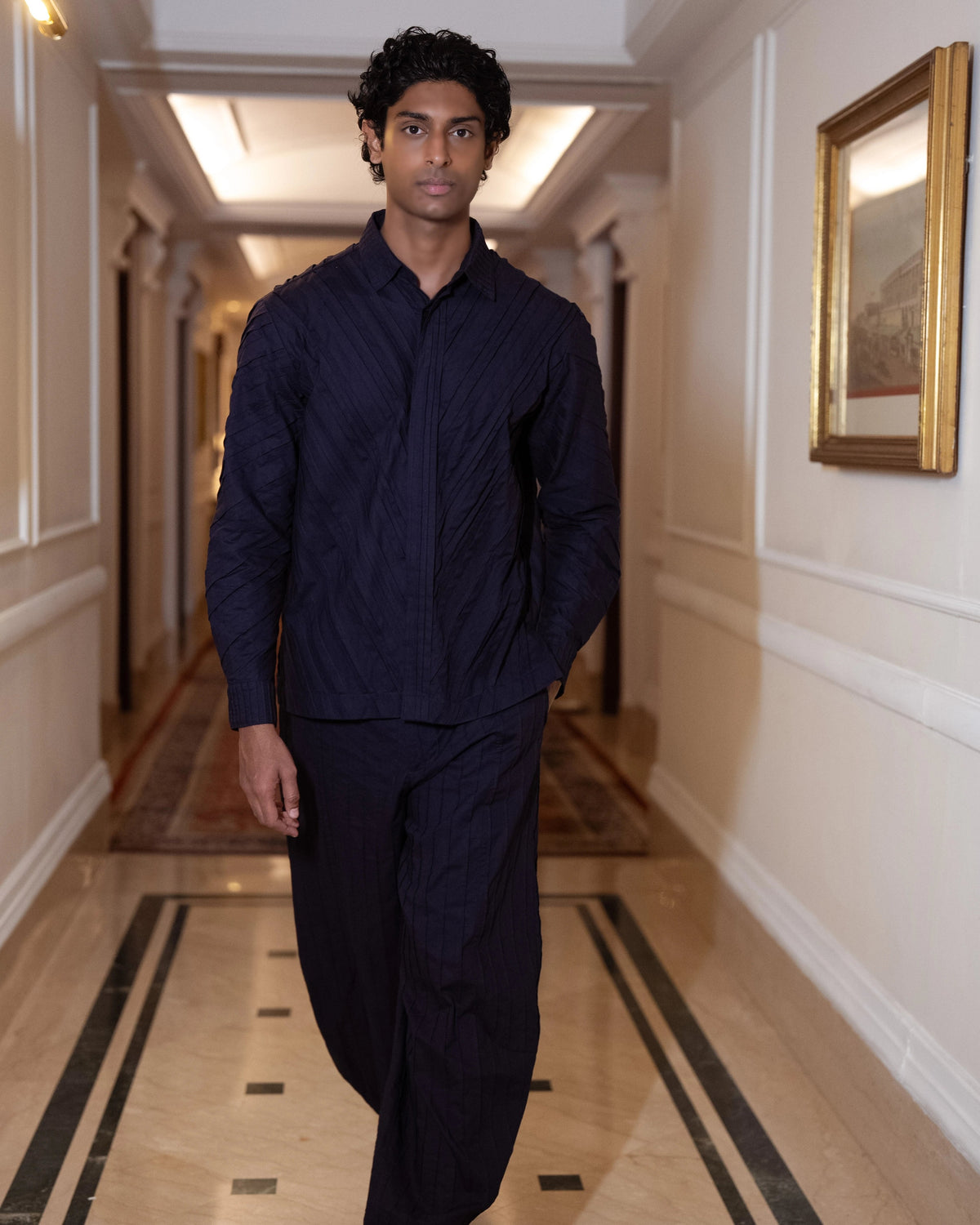 Navy Pintuck Barrel Shirt Set