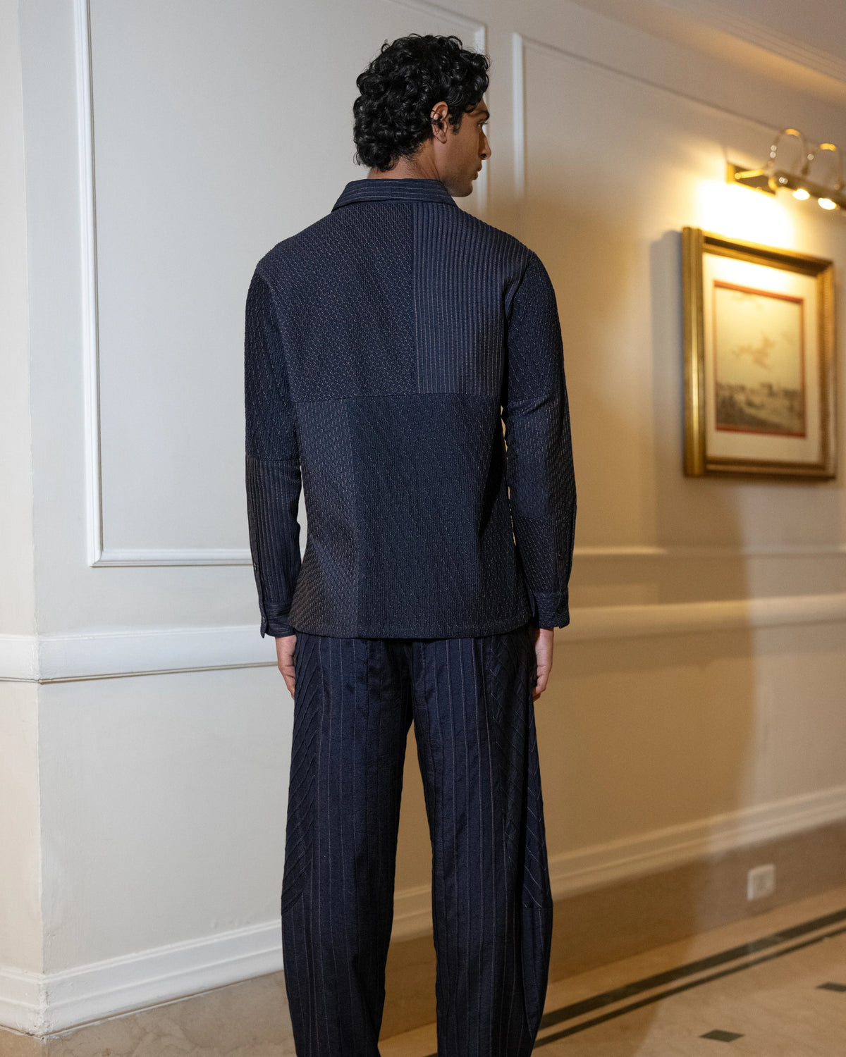Navy Textured Pintuck Shirt & Pants