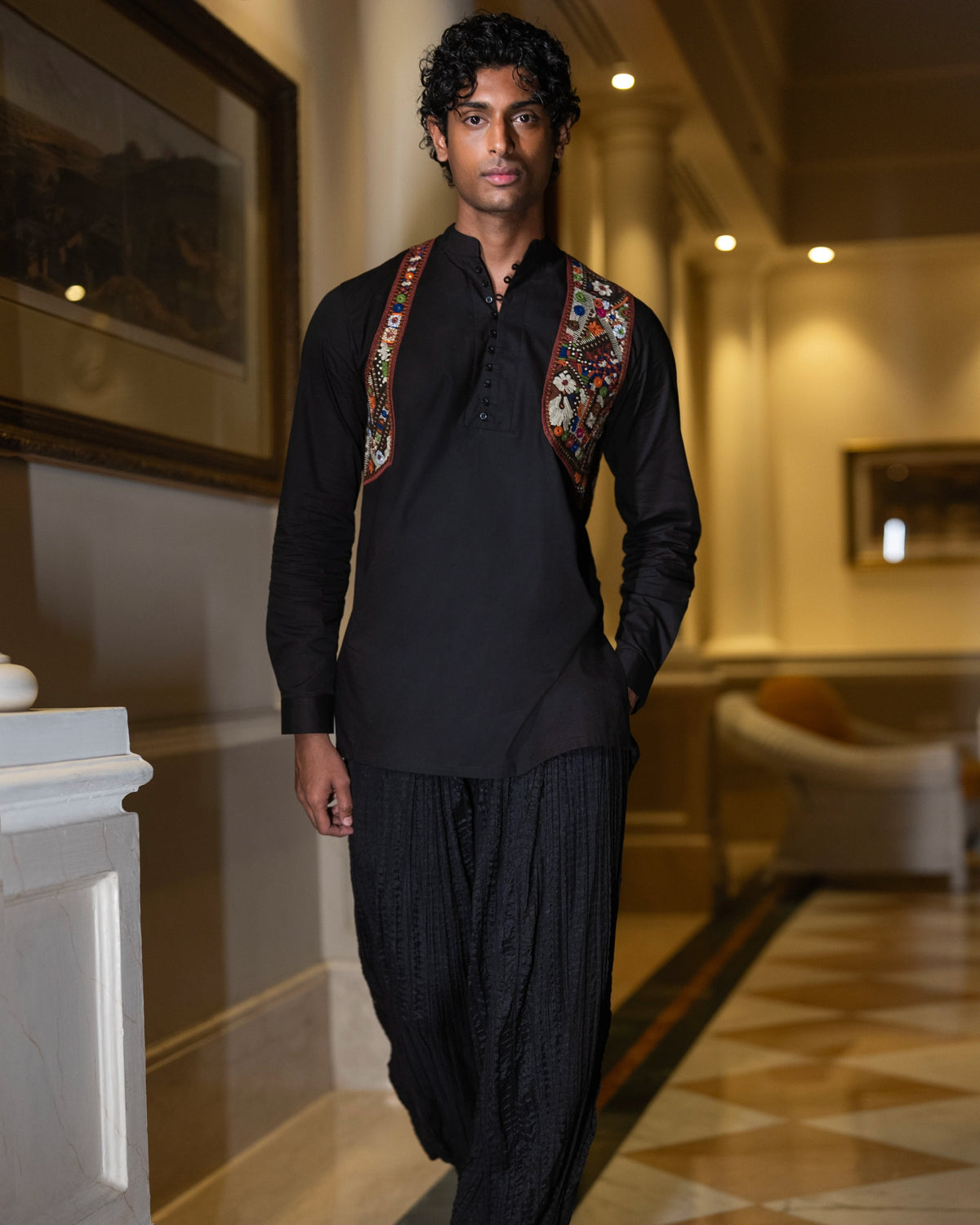 Black Embroidered Harness Kurta Set