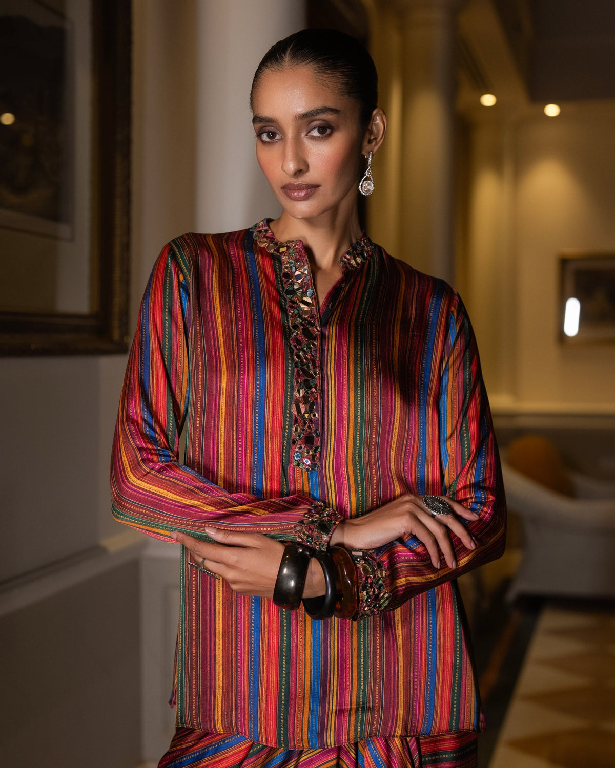 Multicolour Mirrorwork Drape Skirt Set