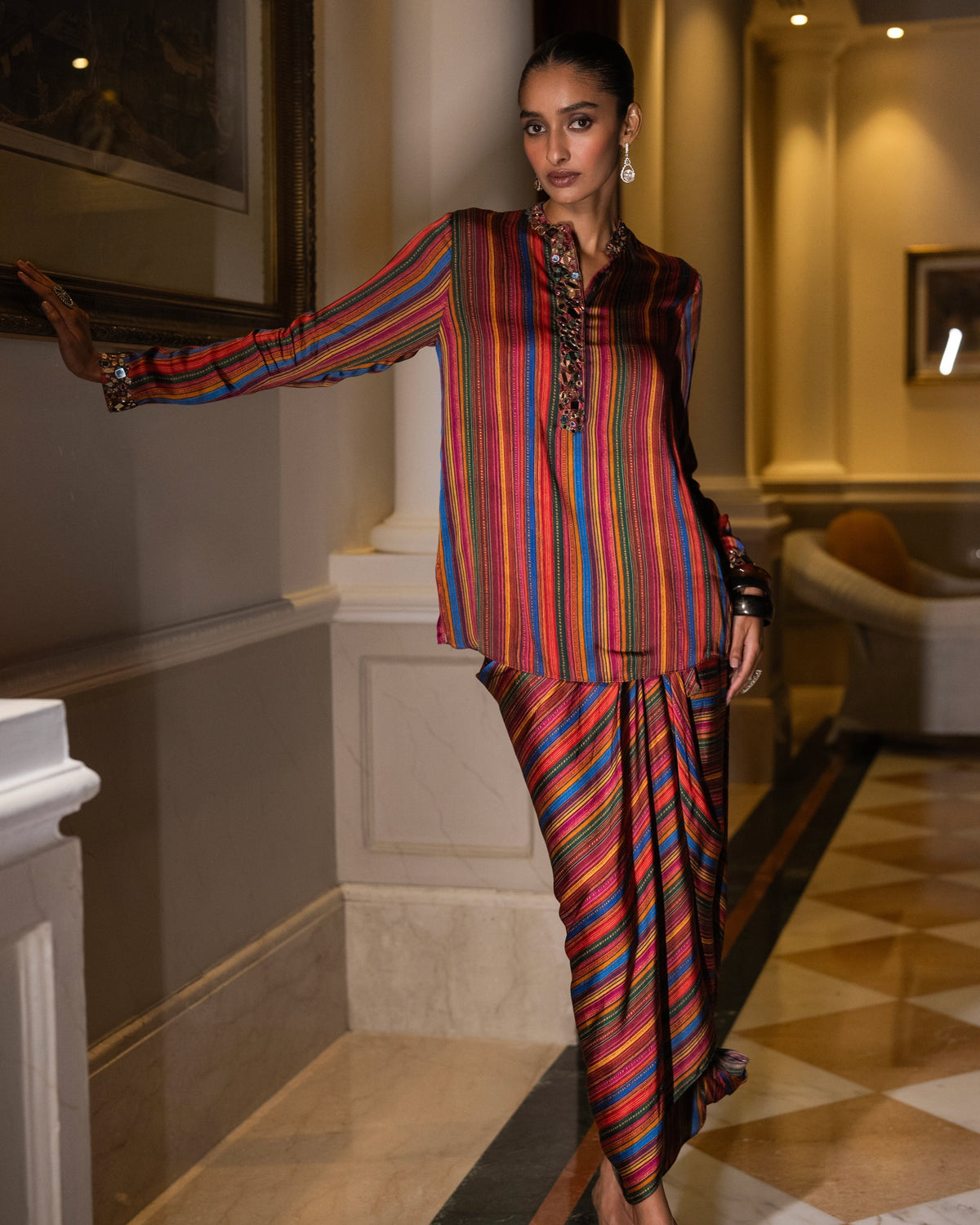 Multicolour Mirrorwork Drape Skirt Set