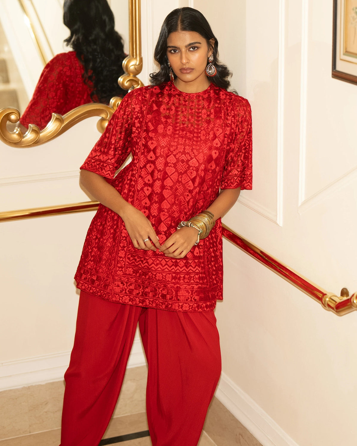 Red Embroidered Tulip Pant Set