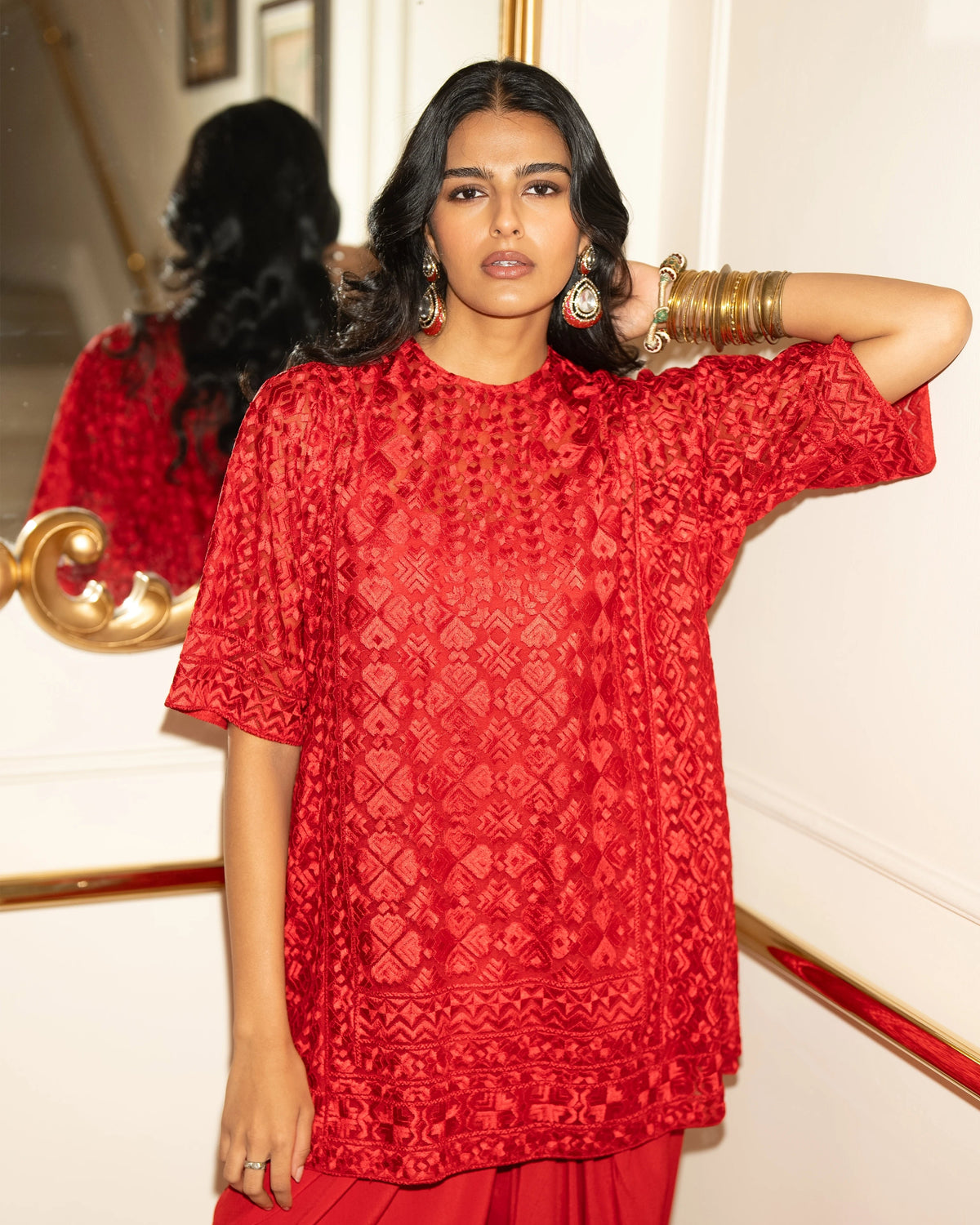 Red Embroidered Tulip Pant Set