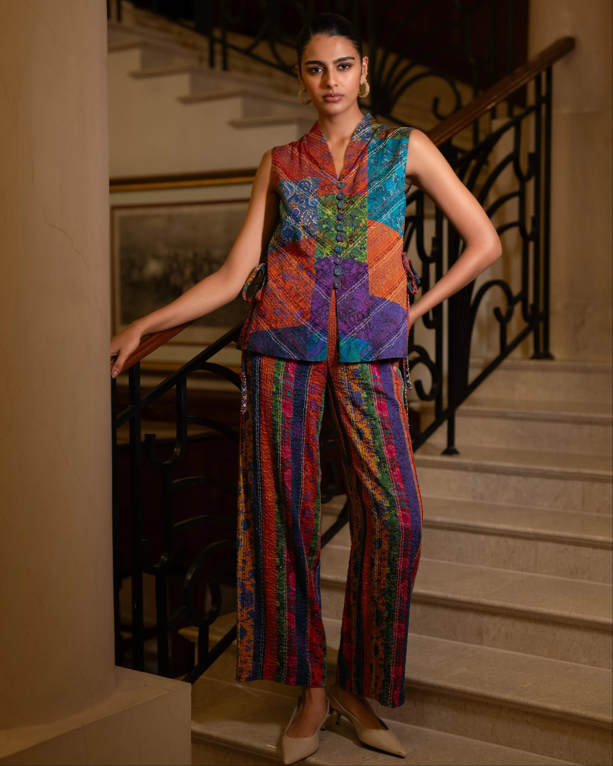 Multicolour Kantha Waistcoat Pant Set