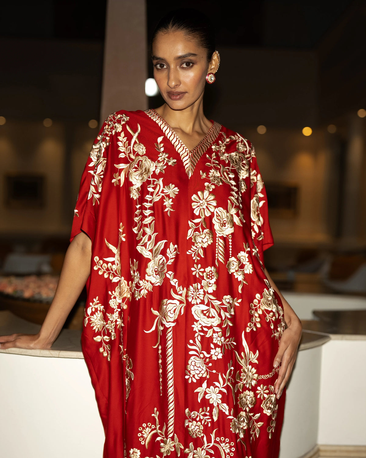 Red Gara Embroidered Kaftan Dress