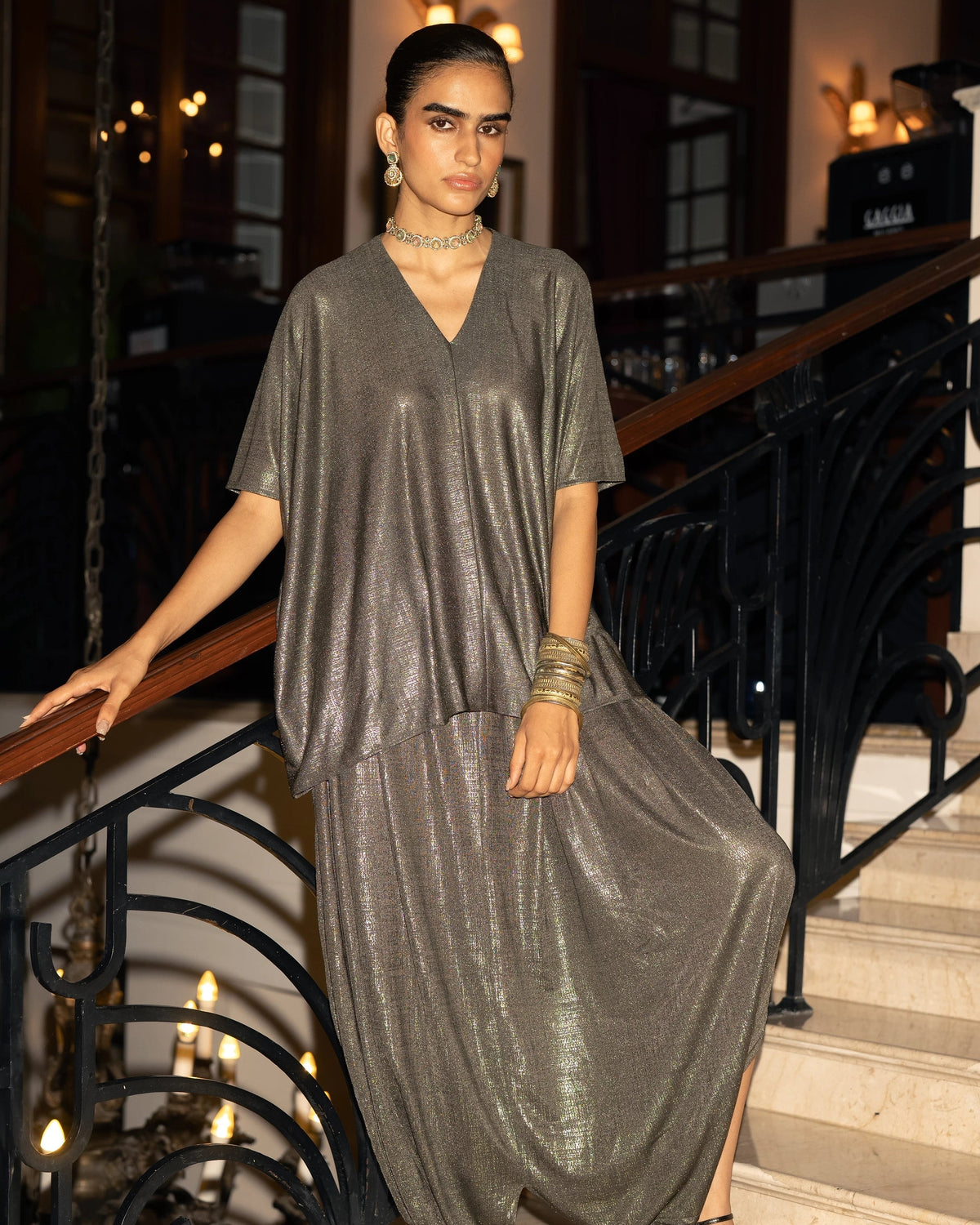 Pewter Lamé Drape Pant Set