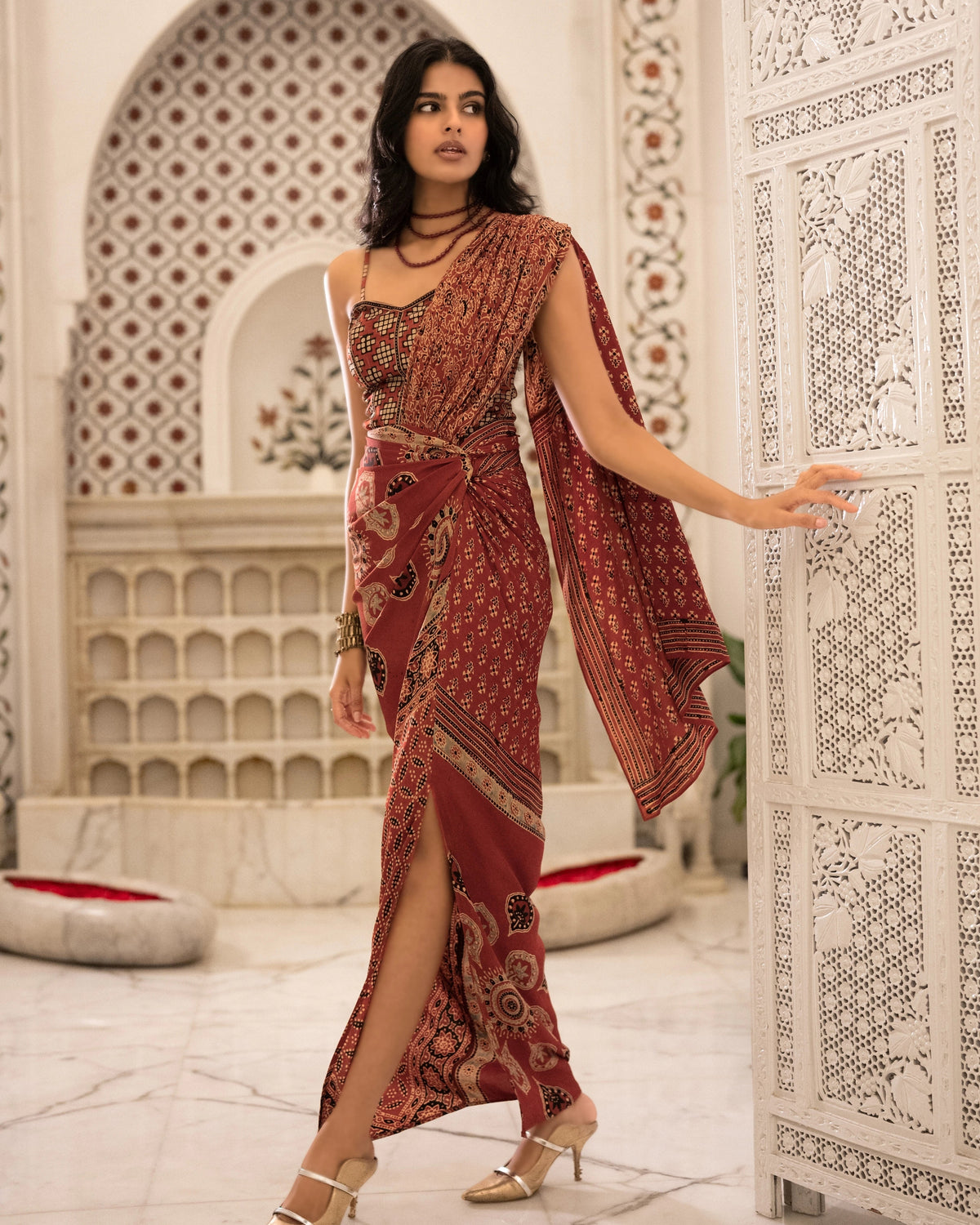 Rust Ajrakh Sari Skirt Set