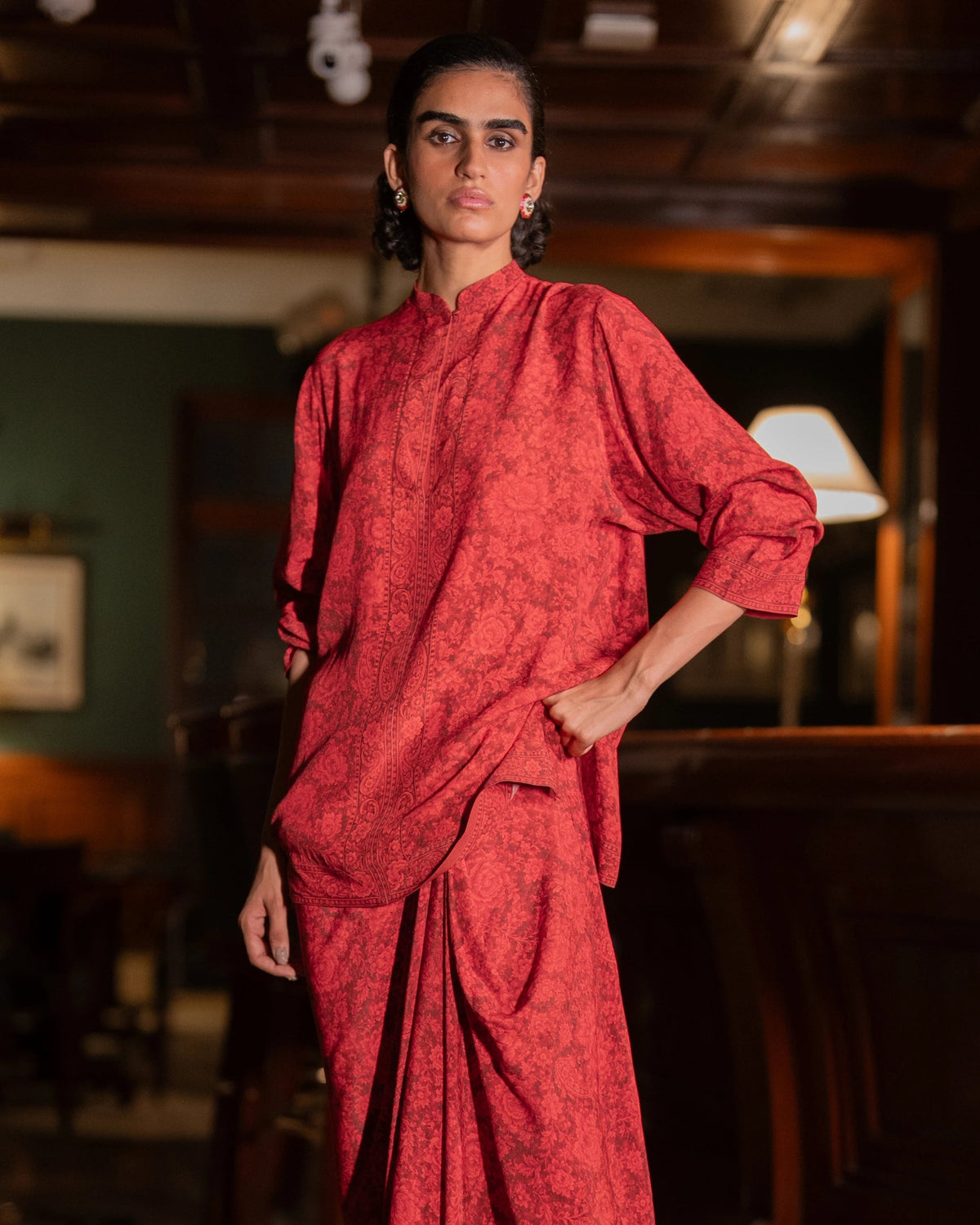 Red Floral Drape Skirt Set